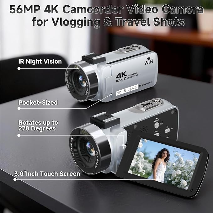 Video Camera, 4K Camcorder 56MP Digital Video Recorder 18X Zoom 3" 270°