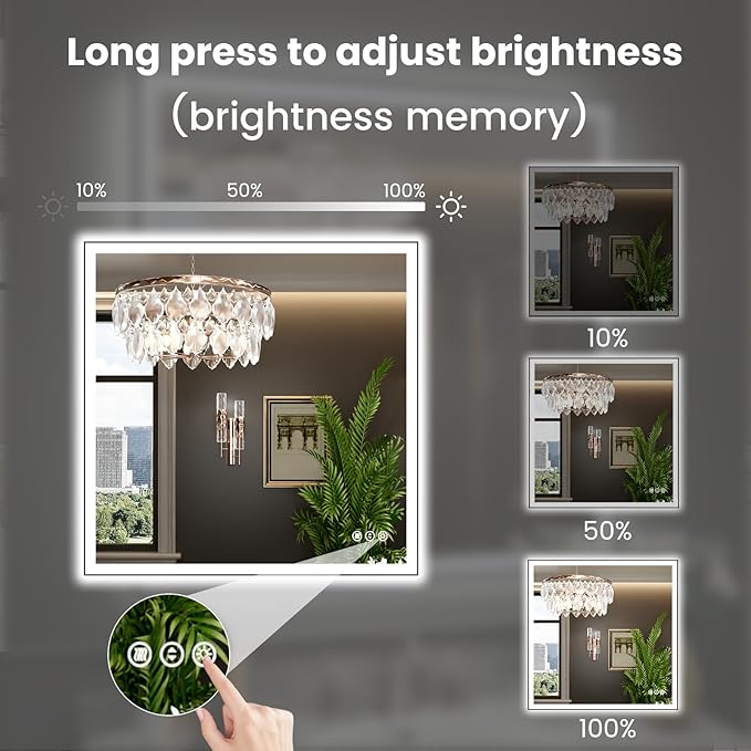 WTTY 36"X36" LED Bathroom Mirror with Black Frame, Bathroom Vanity Mirror with Lights for Wall, Front Light and Backlit, Anti-Fog, Dimmable, 3 Colors, Shatterproof, Memory, Horizontal/Vertical