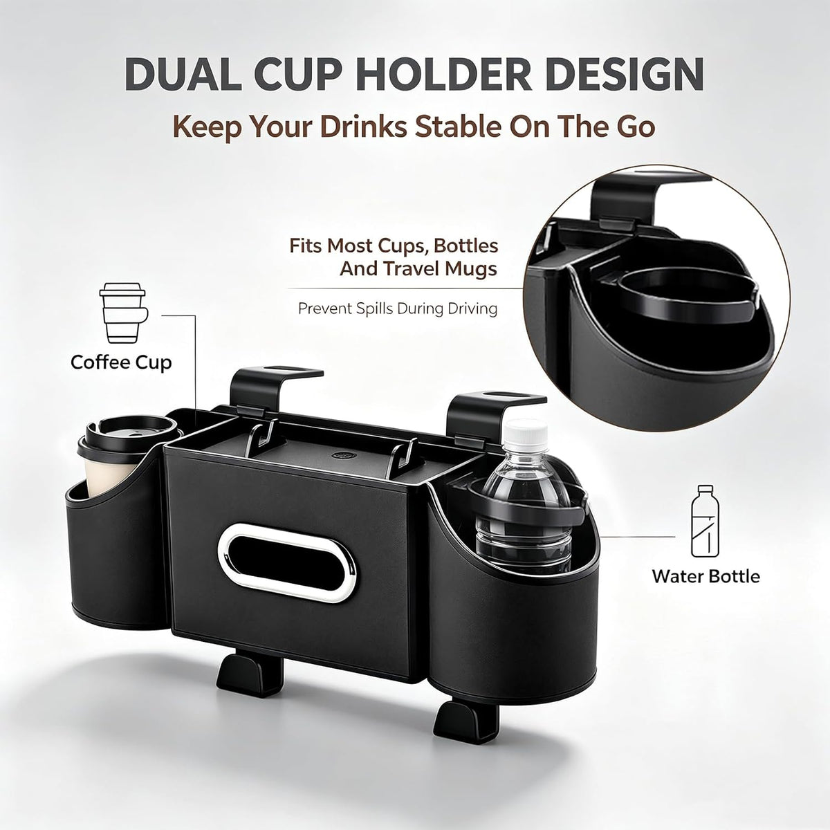 Back Seat Car Organizer, 2 Cup Holders, Tissue Holder, Phone Stand & Hooks
