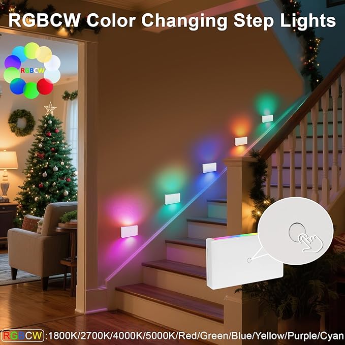 RGB Step Lights Indoor, 100V-277V Dimmable 2.5W, Wired LED RGB Color Changing Stair Night Lights for Bedroom/Step/Hallway/Aisle/Christmas/Halloween, Up Down, 10 Color, ETL, White, 1Pack