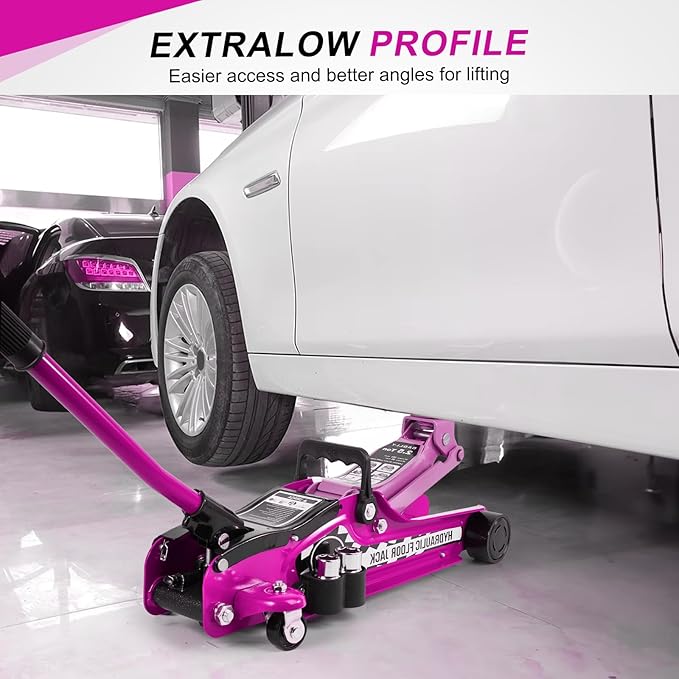 Floor Jack Kit 2.5 Ton (5,500 lbs) | Car Jack - Hydraulic Low Profile Trolley Jack - Tire Tool for SUV and Auto with Lug Wrench Pink