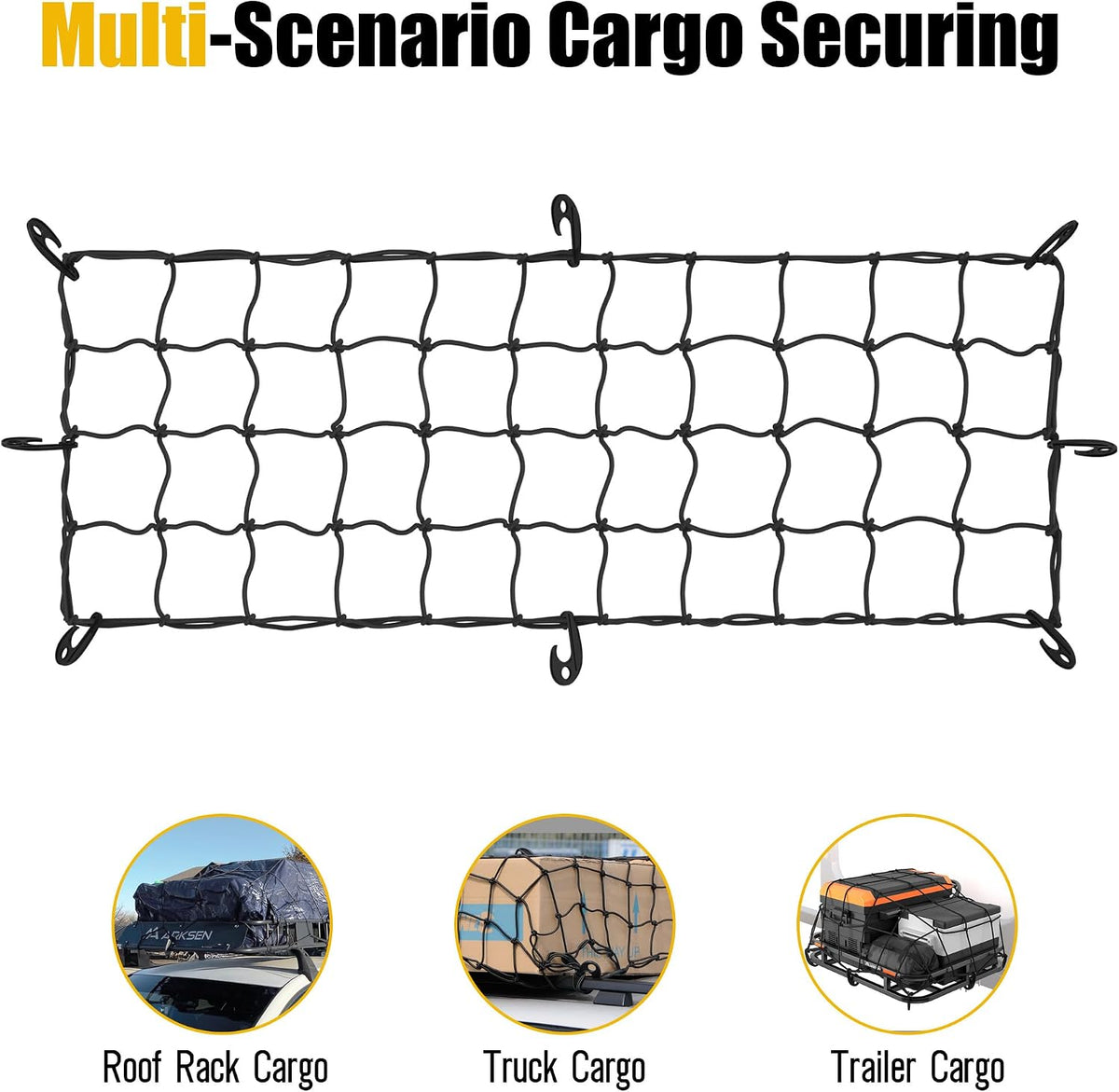 ARKSEN 51" x 19" Heavy Duty Tangle-Free Nylon Cargo Net(4.7" x 4.7" Mesh), Universal Bungee Net for Pickup, Trucks, SUV, Roof Racks, and Travel Luggage Racks