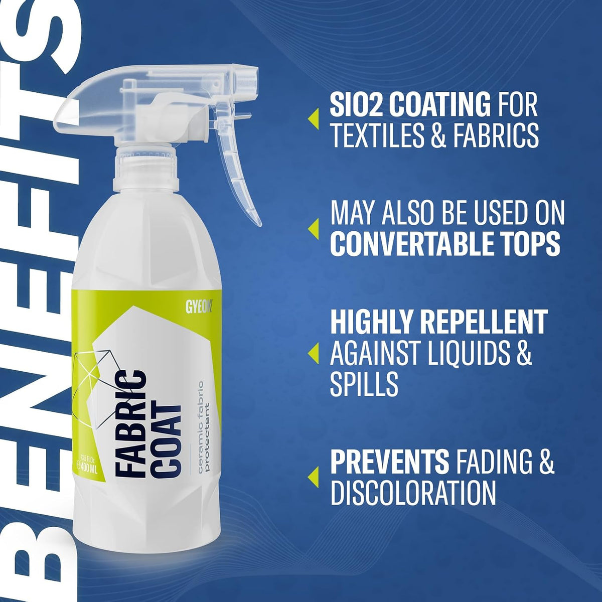 Gyeon Quartz Fabric Coat Super‑Hydrophobic UV‑Resistant Ceramic Textile Protectant for Upholstery Carpet Convertible Tops Stain Repellent Self‑Cleaning Liquid, Long‑Lasting Protection, Interior Use