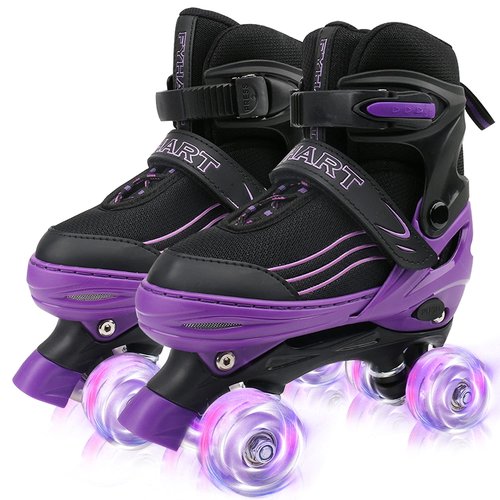 HXWY Kids Roller Skates for Boys Girls Child, Adjustable 4 Sizes Roller Skates for Adult and Youth with Light Up Wheels, Black Purple Patines para niñas for Outdoor Indoor Sports (Medium-Big Kid (1-4)