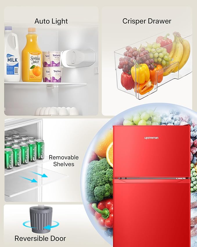 Upstreman 7.7 Cu Ft Refrigerator with Freezer Double Door Fridge | 7 Adjustable Thermostat , Reversible Door, Large Capacity Refrigerator for Apartment, Dorm, Office, Kitchen, Red (BD-75)