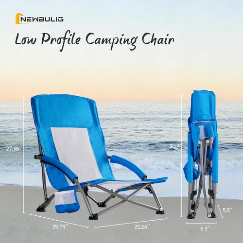 NEWBULIG Low Beach Chair - Portable Folding Camping Chair with Cup Holders & Carry Bag | Extra Wide Seat, Blue