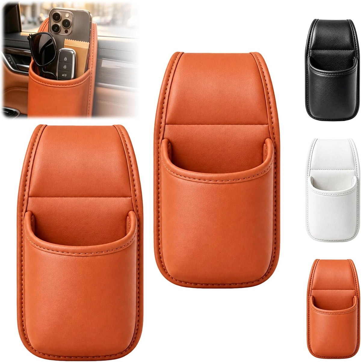 2 Pack Leather Car Door Cup Holder for Window,Multi‑Purpose Car Door Side Hanging Holder,Clip on Extra Large Drink Organizer for Phone Drink Bottle Sunglasses,Wide-Mouth Organizer(Black)
