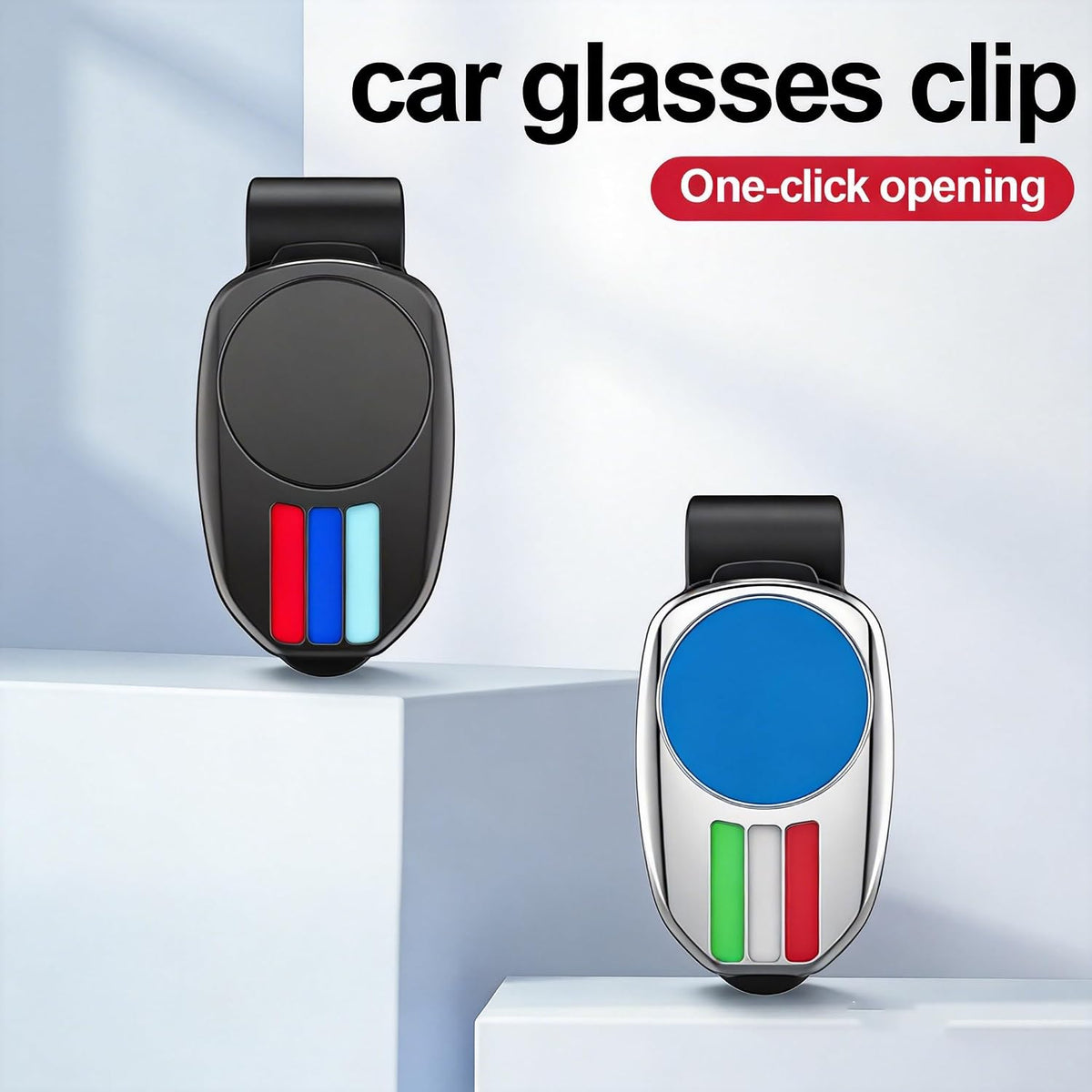 Mini Car Sun Visor Glasses Clip - One-Click Push Button Sunglasses Holder - Sporty Tri-Color Stripe Design,Universal Fit Car Enthusiasts and Drivers,Auto Interior Organizer (Black)