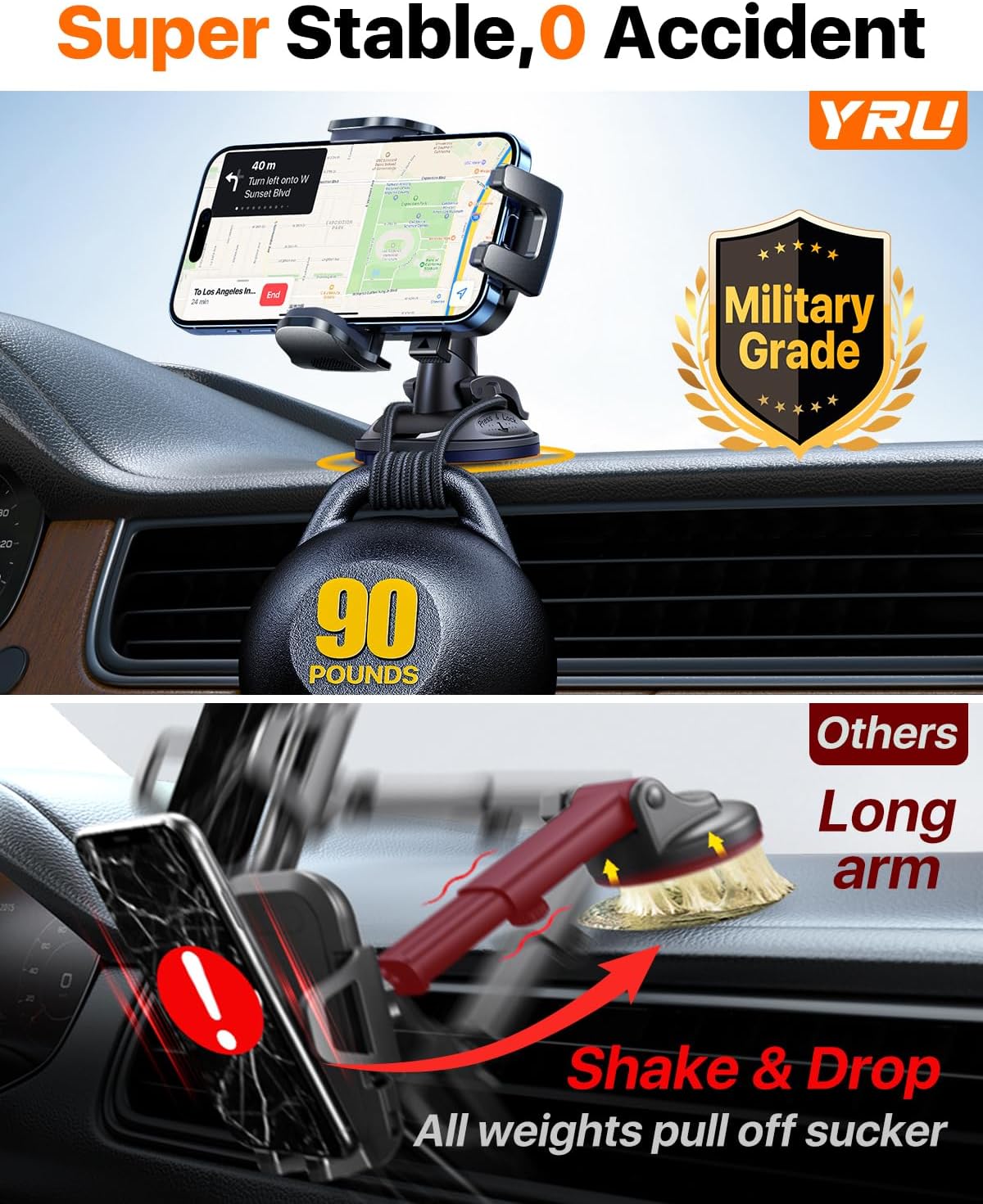 YRU 90+LBS Military-Grade Anti-Shake 2026 Upgraded Car Phone Holder Mount