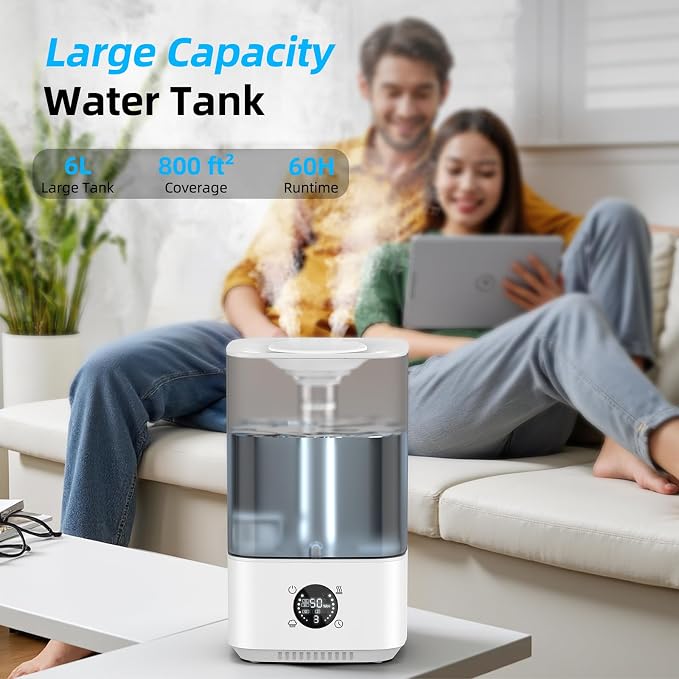 6L Humidifier for Bedroom Large Room Home, 800ft² Wide Coverage, 26dB Quiet,Easy Top Fill, Quickly & Evenly Humidify, Real-Time Humidity Monitoring and Anti-dry Burn, White
