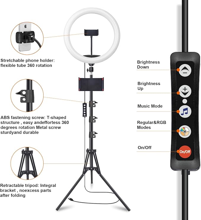 12" Selfie Ring Light with 75" Tripod Stand & 2 Phone Holder, LED Camera