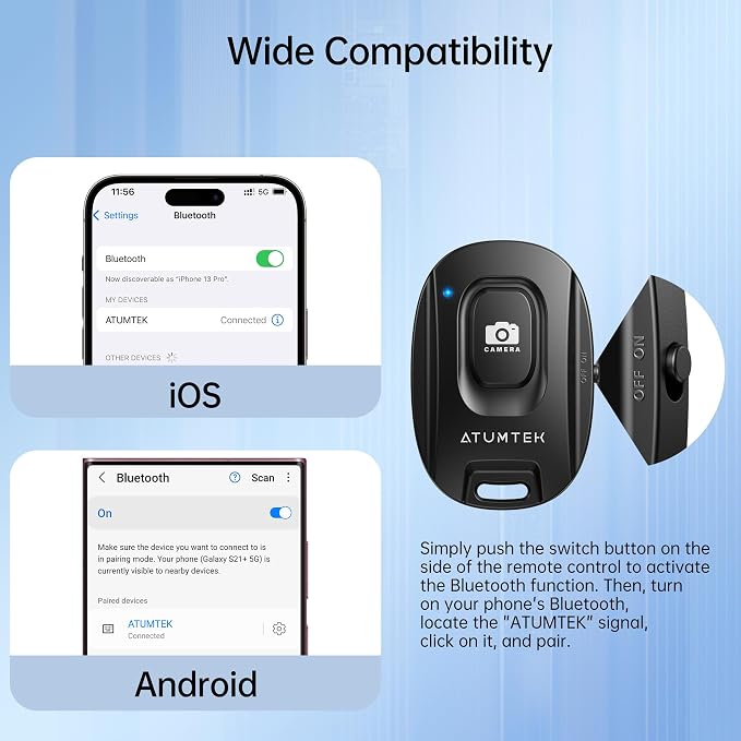 ATUMTEK Camera Remote Shutter for iPhone and Android Smartphones, Wireless