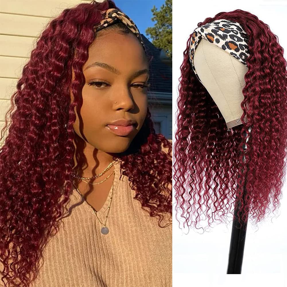 Lauberita Headband Wig Human Hair 99J 20 Inch 180% Density Burgundy Deep Wave Headband Wig 100% Human Hair Wigs Curly Glueless W