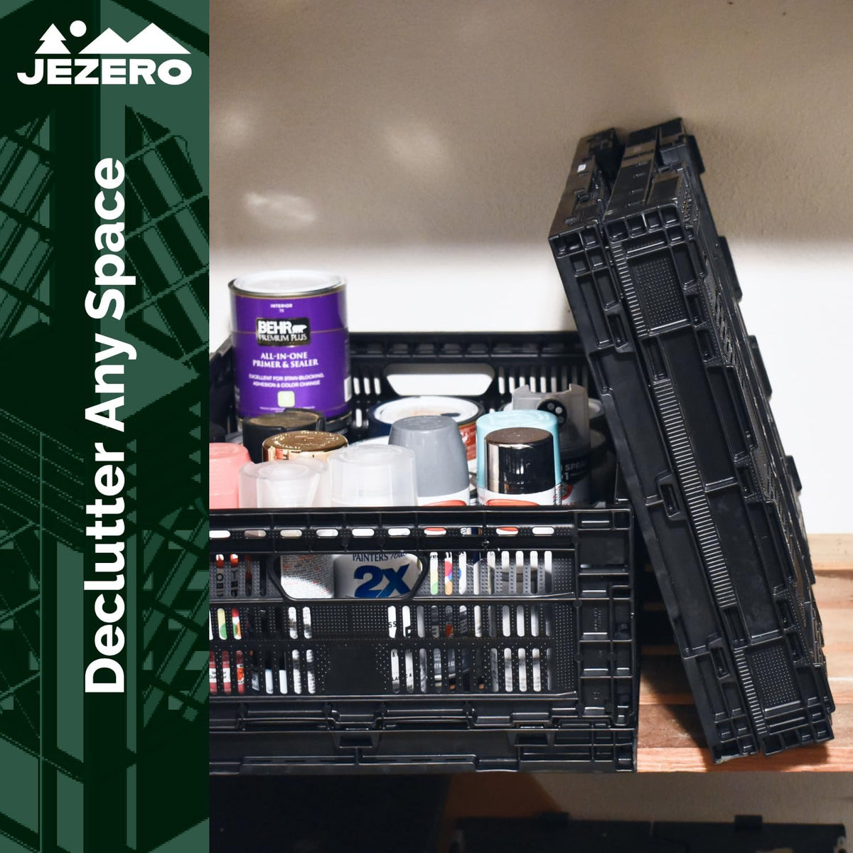 JEZERO Medium Collapsible Plastic Storage Crate – Stackable Utility Bin with Folding Walls for Garage, Closet, Car Trunk, and Home Organization | Black, 24" x 16" x 8"