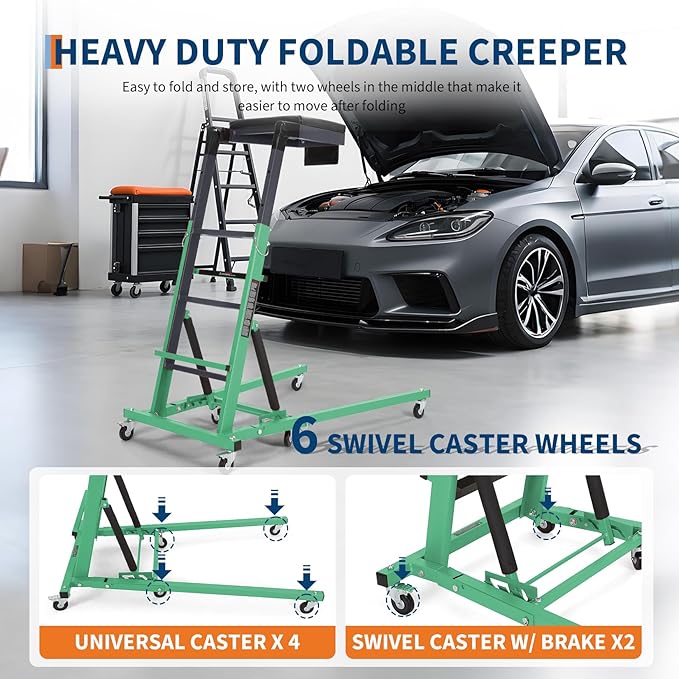 Topside Automotive Creeper,Engine Topside Creeper with Adjustable Height 48"-66", 400 Lbs Heavy-Duty Foldable Garage Creepers, 6 Swivel Casters, Padded Deck, Tool Pouch, for Truck/SUV Garage Mainten