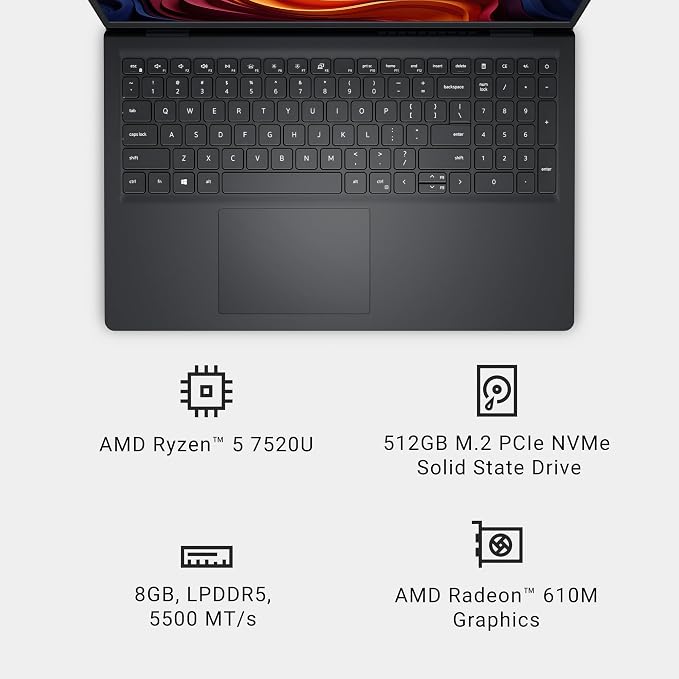 Dell 15.6 Laptop, AMD Ryzen 5 7520U with Radeon 610M, Windows 11 Home | FHD 120Hz IPS, LPDDR5, 512GB SSD, Wi‑Fi 5, Bluetooth, Carbon Black, DC15255