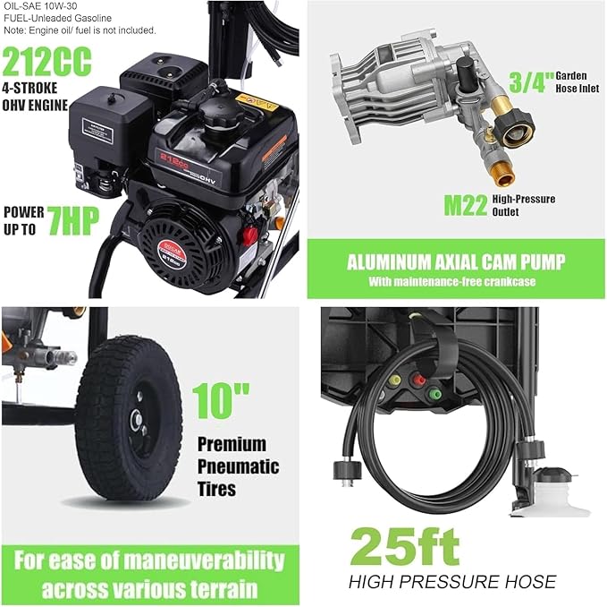 𝟒𝟐𝟎𝟎𝐏𝐒𝐈 𝐆𝐚𝐬 𝐏𝐫𝐞𝐬𝐬𝐮𝐫𝐞 𝐖𝐚𝐬𝐡𝐞𝐫, Heavy Duty 𝐏𝐨𝐰𝐞𝐫 𝐖𝐚𝐬𝐡𝐞𝐫 with 5 QC Tips, 25ft Flexible Hose and 0.5Gal Soap Tank, 212cc 7.0 HP Engine, EPA/CARB/ETL Compliant, Gray