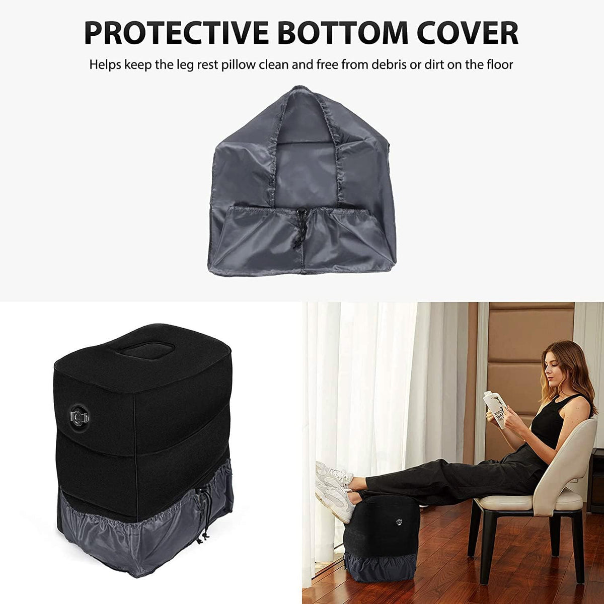 Inflatable Foot Rest Pillow for Travel, Adjustable Height Airplane Foot Cushion for Long Flights, Portable Comfort Footrest for Car, Office and Travel (Gray)