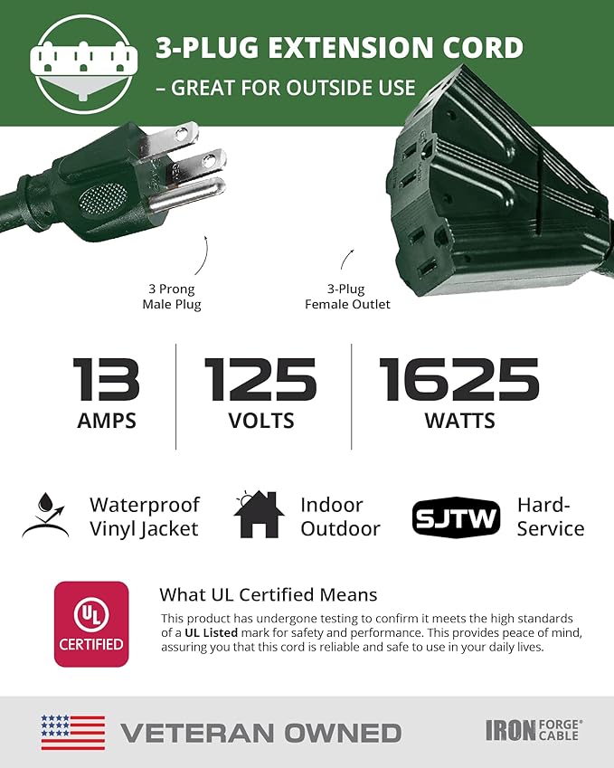 IRON FORGE CABLE 25 Foot Outdoor Extension Cord with 3 Electrical Power Outlets - 16/3 SJTW Durable Green Extension Cable with 3 Prong Grounded Plug for Safety
