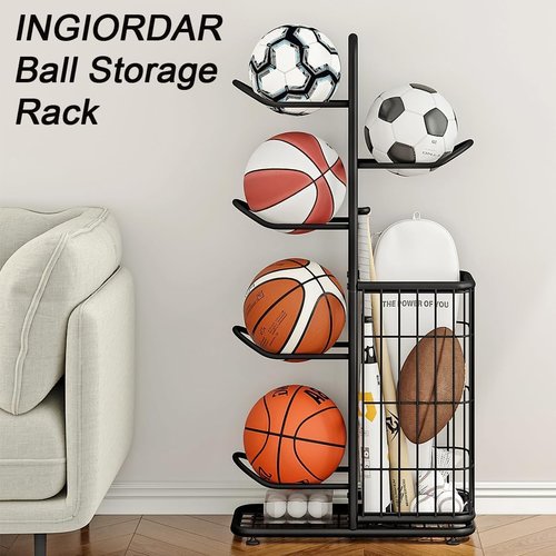 INGIORDAR Basketball Rack Organizer - 6-Tier Sports Equipment Storage Stand for Indoor/Outdoor Use | Black