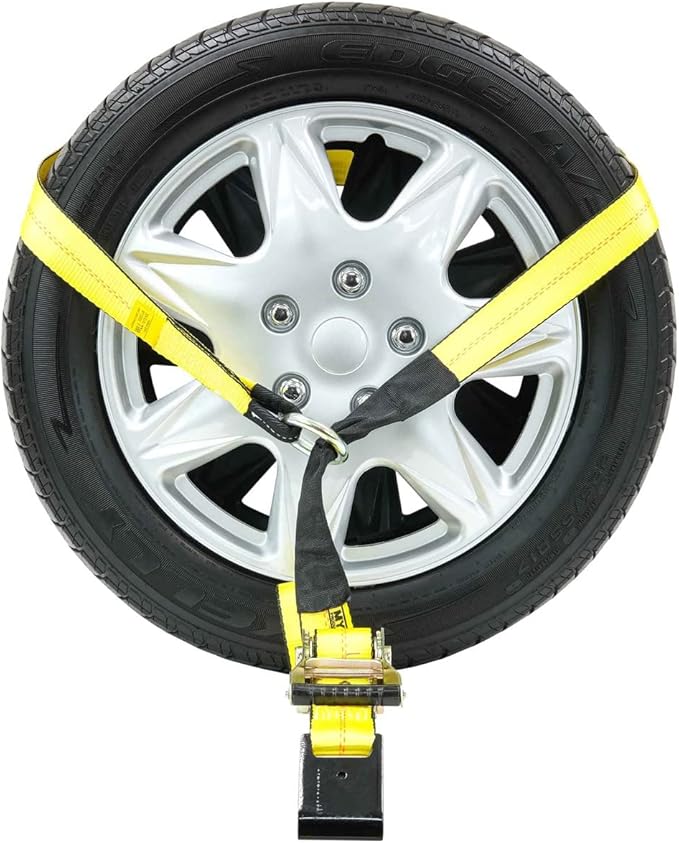Mytee Products 4 Pack 2" x 168" Car Tie Down Straps for Trailer with Flat Hook - 3333 LB WLL Lasso Style Tire Straps for Car Trailer with Ratchets - Vehicle Tie Down Wheel Straps for Hauling Cars