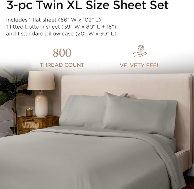 Threadmill Luxury 800 Thread Count 100% Cotton Sheets - Sateen Weave Twin XL Bed-Sheets, Better Than Egyptian Cotton,3 Pc Solid Bedding Set (Moonrock Grey), Fits 15" Deep Pocket