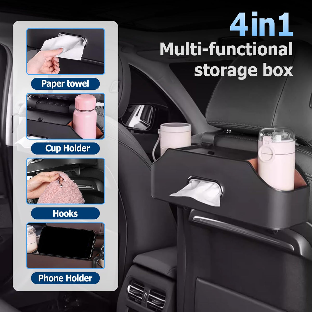 4-in-1 Car Backseat Organizer, 2026 New Car Seat Back Storage Box, Multifunctional Car Back Seat Storage Organizer with Cup Holders, Tissue Box Slot, Hooks to Keep Your Ride Clean & Organized (Brown)