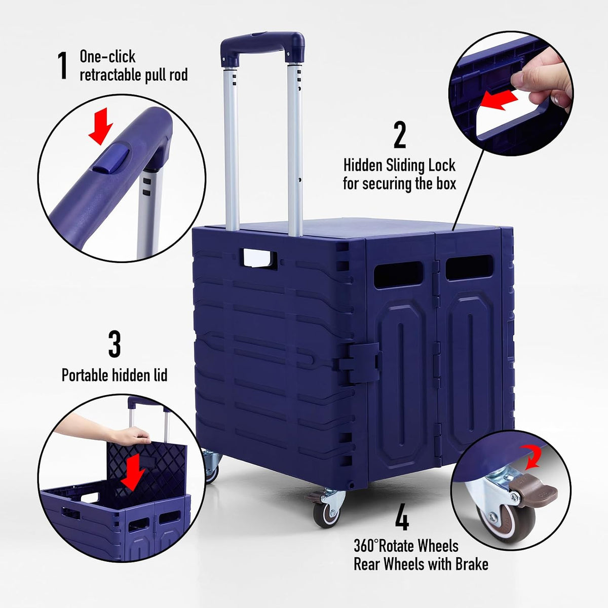 Folding Utility Cart Portable Rolling Crate Handcart Foldable Shopping Trolley Collapsible, with Lid, on Wheels, for Grocery, Garden, Office, Storage, Teacher, Tool (Purple)