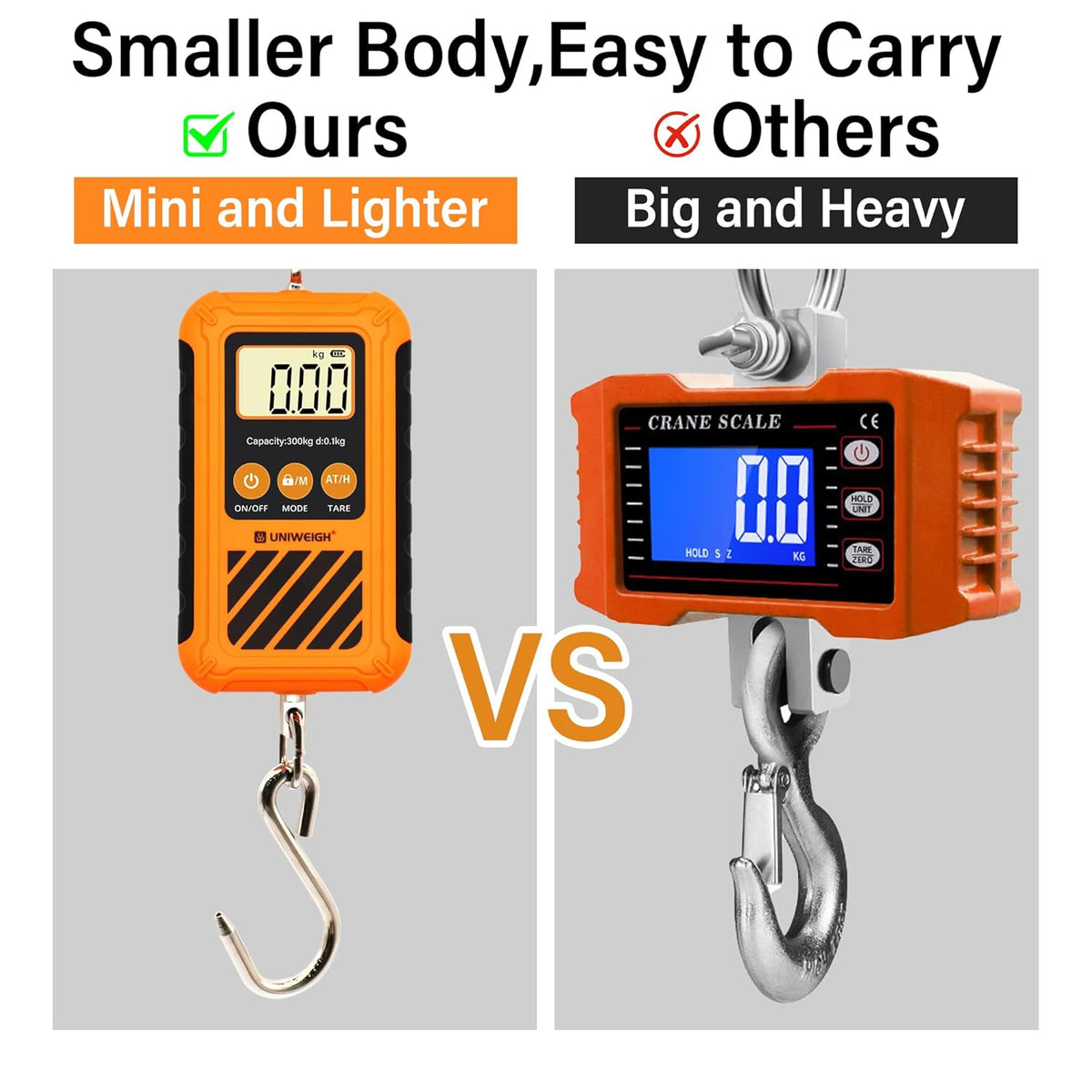 UNIWEIGH Digital Hanging Scale - Portable 300kg/660lb Crane Scale with LCD Display & Large Hook | Ideal for Hunting, Fishing, and Garage Use