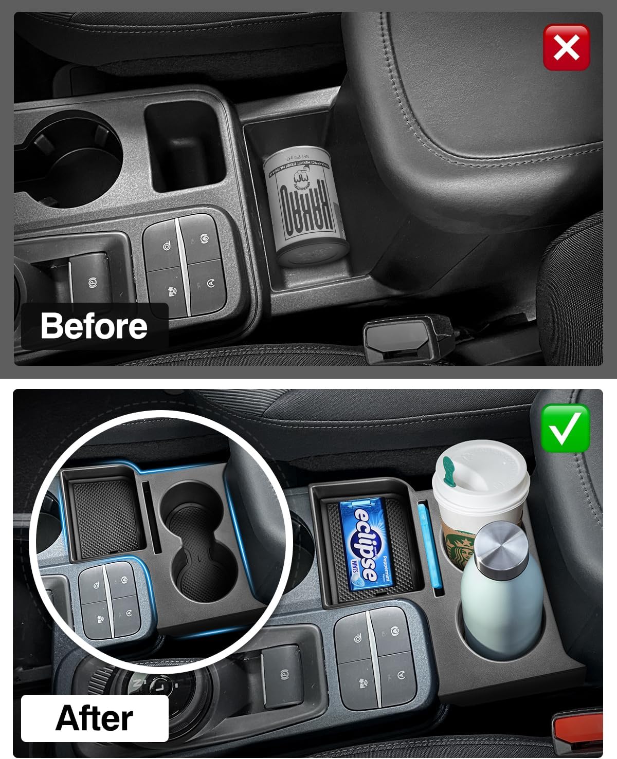 Karltys Maverick Cup Holder Insert Center Console Organizer for 2022 2023 2024 2025 Ford Maverick Accessories, Car Front Seat Armrest Storage Box for Maverick Multi-Functional Drink Cup Holder Tray