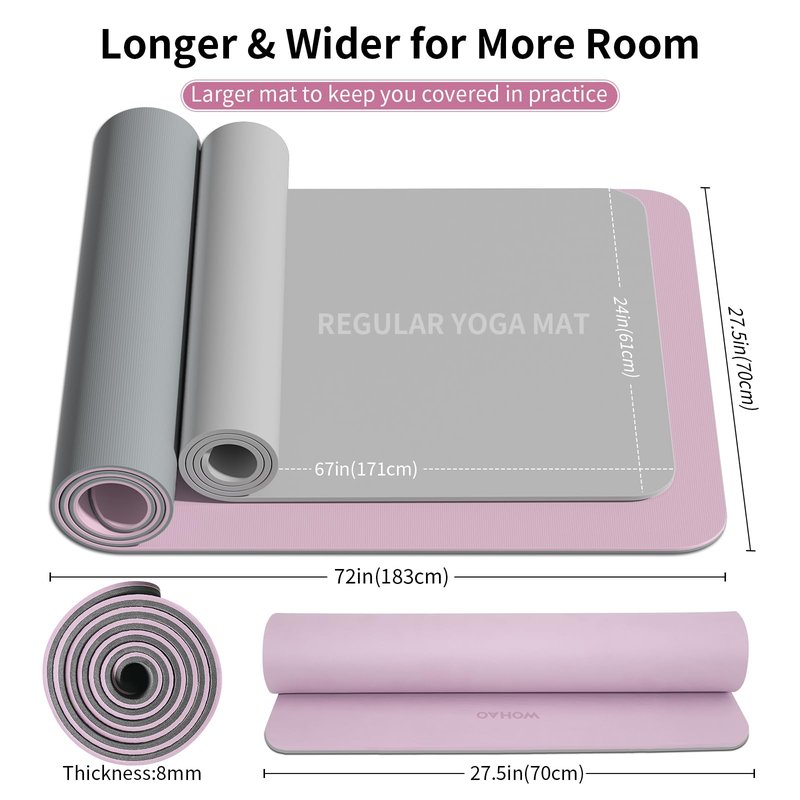 WOHAO Extra Thick 8mm Yoga Mat, 72"x28" Non Slip Exercise Mat, Reversible 2-Sided Dual Color Premium POE Material, with Carrying Strap for Yoga, Pilates, Home Gym