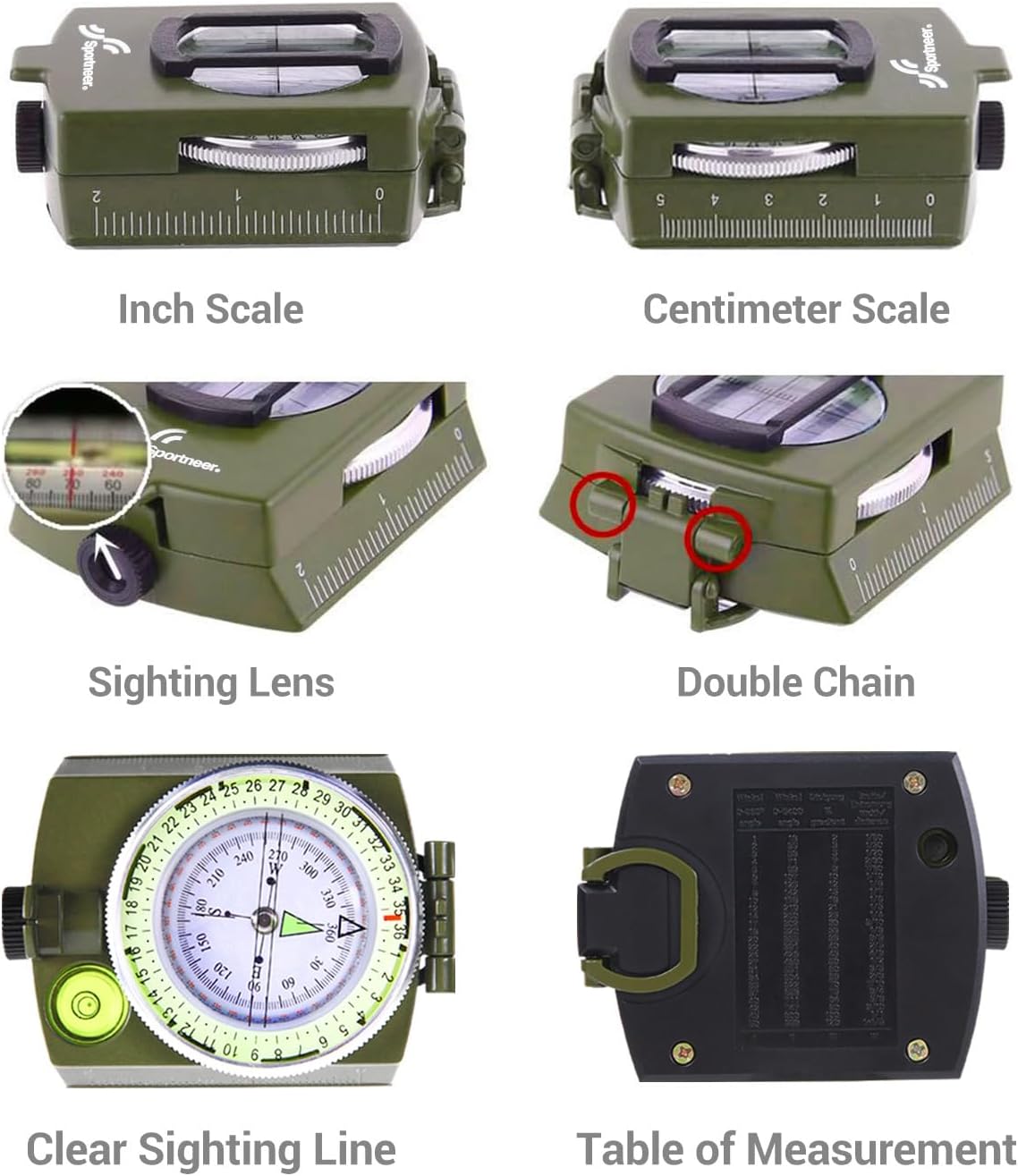 Sportneer Multifunctional Compass - Army Green & Black with Inclinometer for Camping & Backpacking