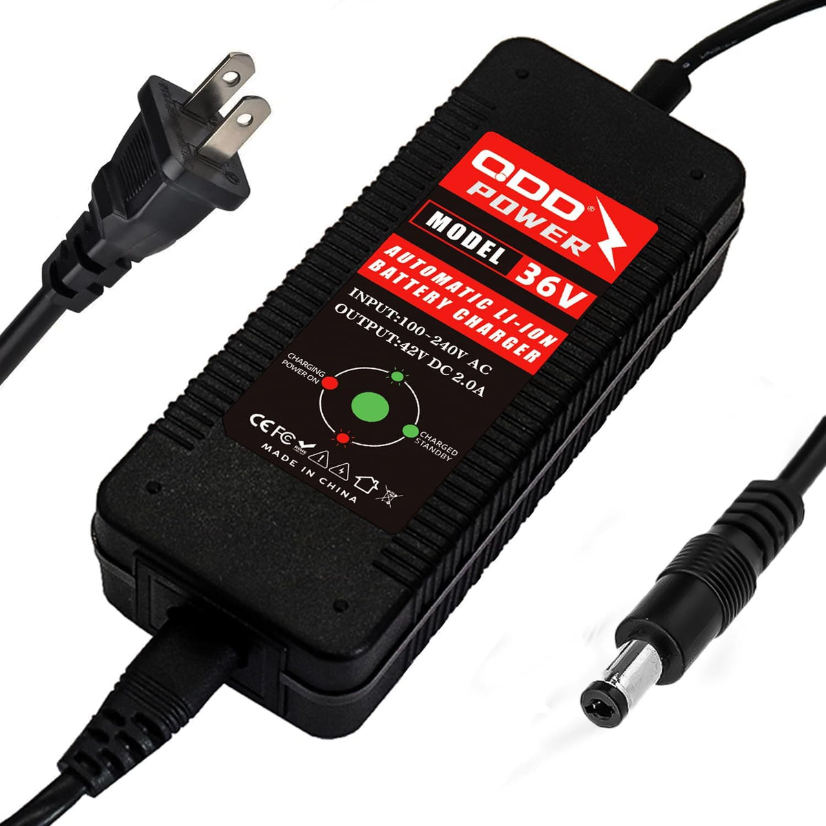 QDD 42V 2A Scooter Charger - Universal 4-in-1 Plugs for 36V 10S Lithium Batteries | Female DC 5.5mm-2.1mm Port