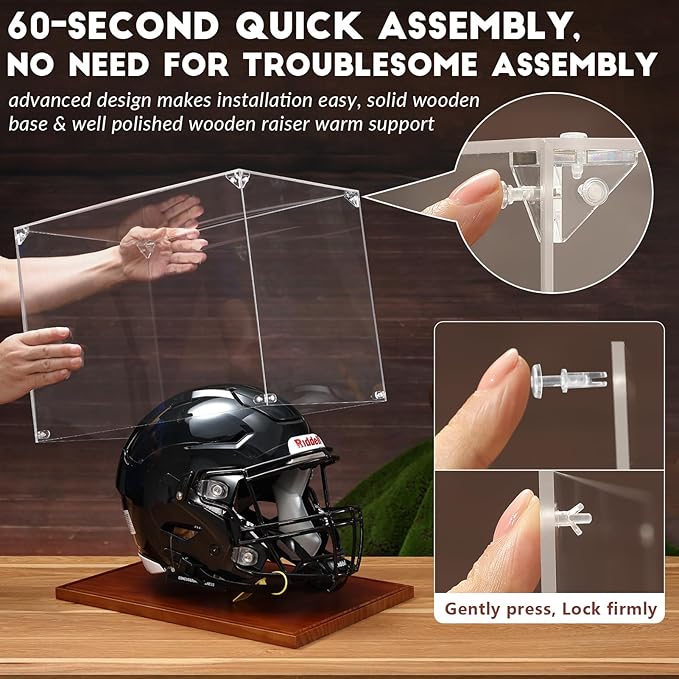 JupDec Football Helmet Display Case, Full Size Acrylic Baseball Motorcycle Helmet Showcase, UV Protection Souvenirs and Collectibles Box with Solid Wood Base & Riser, Ideal Gift for Sports Enthusiast
