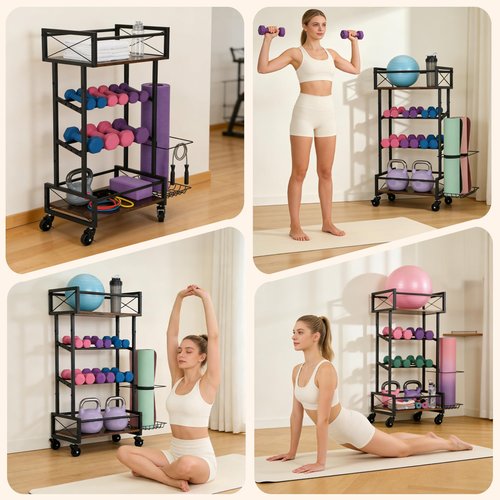 Bootuu Yoga Mat Storage Rack, Home Gym Storage Rack, Retro Metal & Wood Weight Storage Racks for Yoga Mat, 360° Roller & Fitness Equipment, 60 Lbs per Shelf