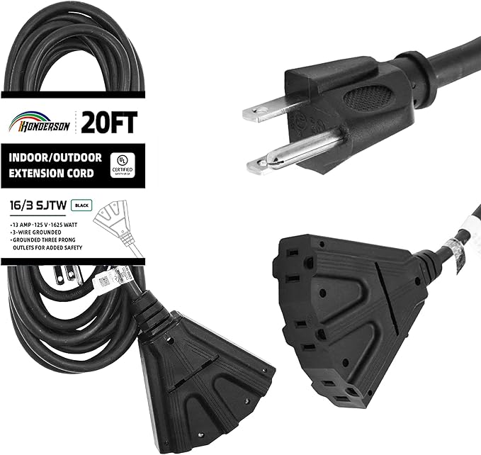 3-Outlets Indoor Outdoor Extension Cord Weatherproof, UL Certified, 16 Gauge 20FT Black 3 Prong Heavy Duty, 16/3 SJTW 13A Power Cord