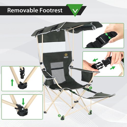Nice C Chair with Canopy, Umbrella Chairs, Chair with Shades, Sports Chairs, w/Removable Footrest, Cooler Bag, Cup Holder for Camping, Fishing, Sports, Soccer, Beach (1-P Green)