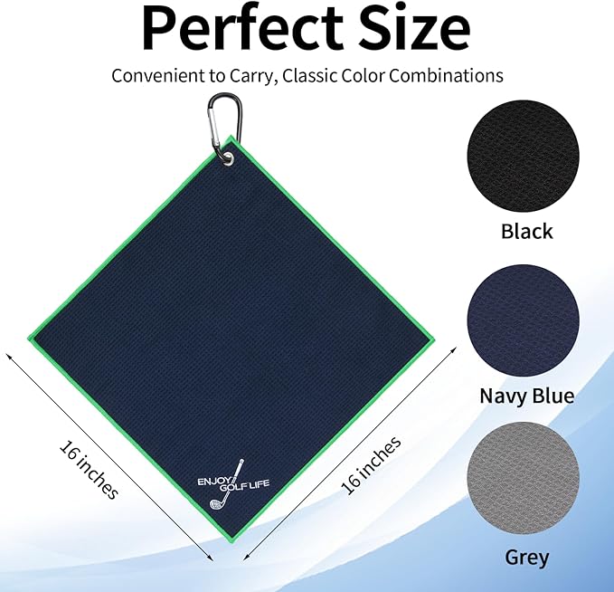 3 Pack Golf Towel(16" X 16"), Top-Tier Microfiber Super Absorbent Golf Towels for Golf Bags, Premium Waffle-Pattern Embroidered with Carabiner Clip, Golf Accessories (3 Classic Colours)