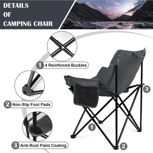Leonyo Outdoor Folding Camping Chairs - Heavy Duty Portable Design with Cup Holder & Storage Pocket | 2 Pack, Grey