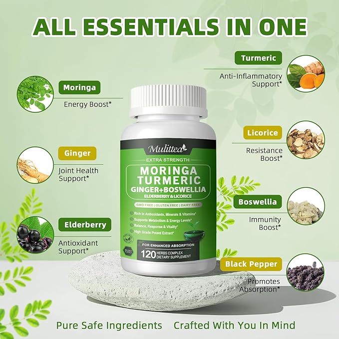 Moringa Capsules Organic 1000mg, 7-in-1 Superfood with Turmeric, Ginger, Elderberry, Licorice & Boswellia - Support Immune, Skin, Gut & Antioxidant-Non-GMO, GMP, 120 Vegan Capsules, 2 Months Supply