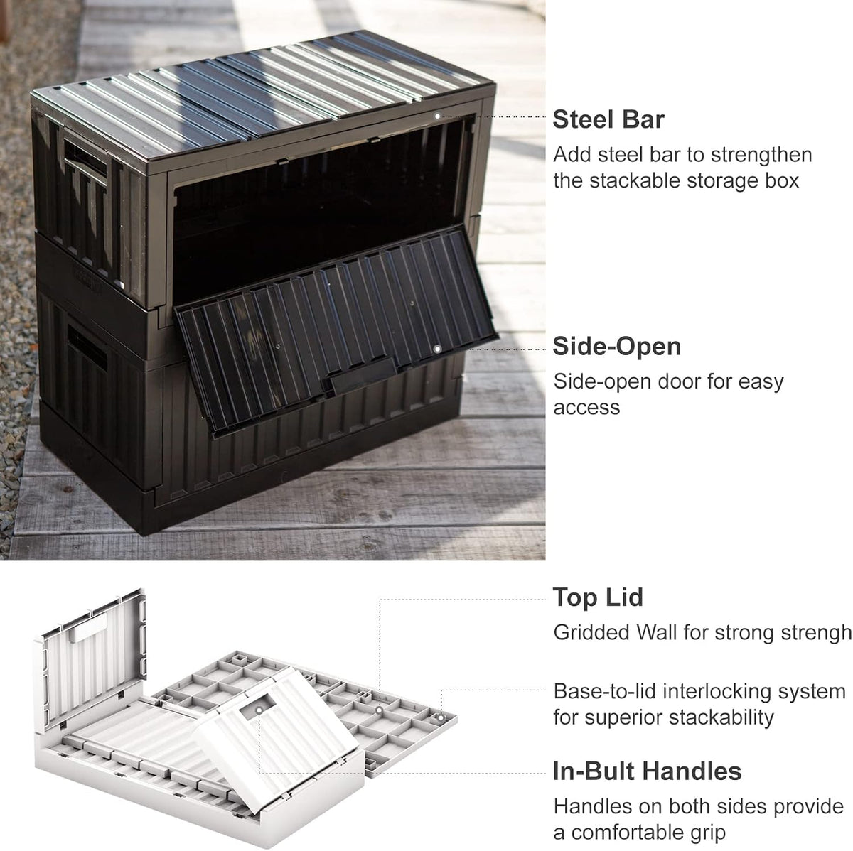 livinbox 45L Stackable Foldable bins for storage, Collapsible Storage Bins w/lids Side-Open Door, Home Office Bedroom Living Room Comic Books, Black, FB-6432S-BK
