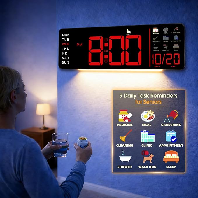 Hoifen Clock with Day and Date for Seniors, Remote Control, Night Light