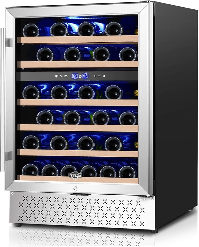 24 Inch Wine Fridge, Dual Zone 54 Bottles Wine Refrigerator, Built-In or Freestanding, Safety Lock, Double-Layer Glass Door, Adjustable Shelves, Wine Cooler Refrigerator for Home Bar Kitchen