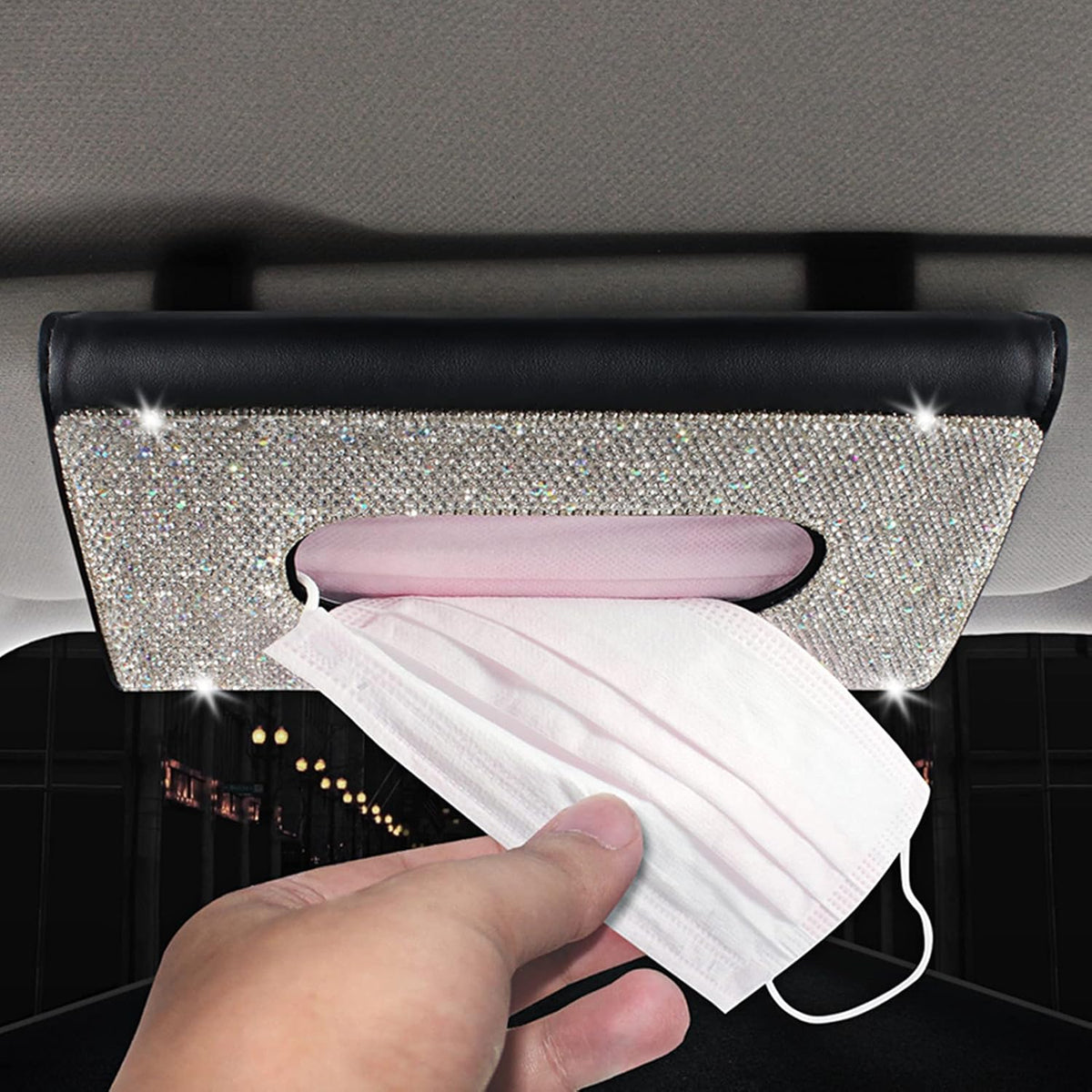 【2026 Upgraded】Bling Car Sun Visor Tissue Box with Refills Paper Towels, PU Leather Backseat Mask Case,Crystal Sparkling Napkin Holder, Handmade Decoration Accessories for Women,Girls,Ladies , White