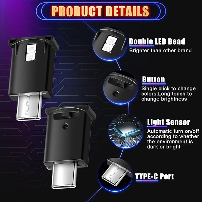 Frienda 2 Pieces Mini USB LED Light, Car LED Interior Lighting 5v Smart USB Atmosphere Light, Laptop Keyboard Office Decoration Night Lamp, Adjustable Brightness, 8 Colors (Type C)
