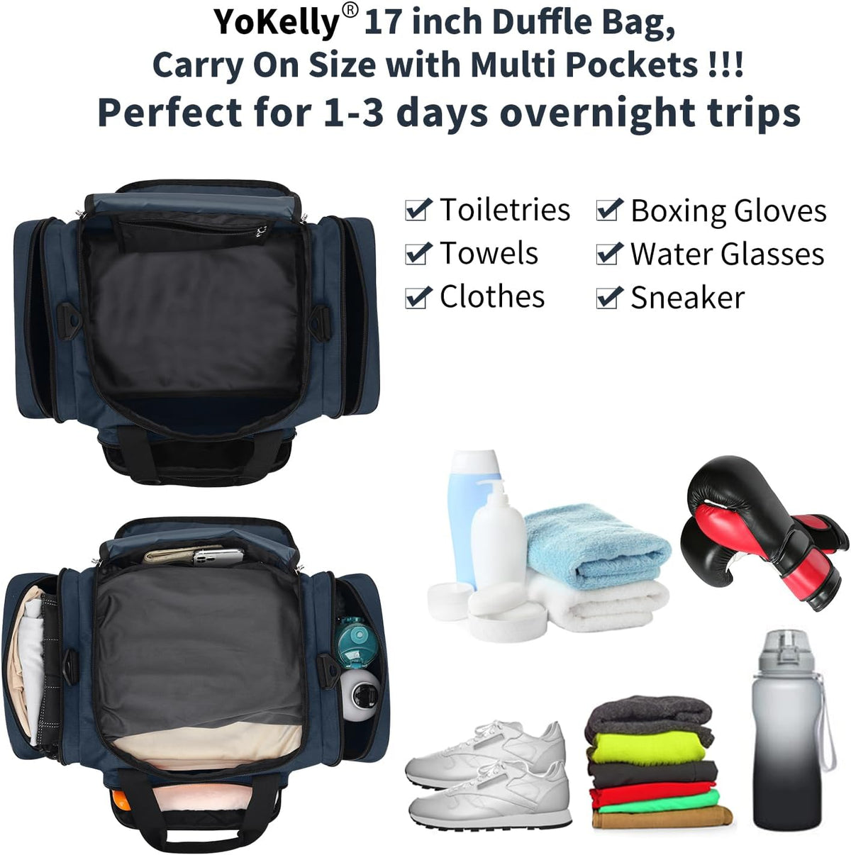 Skiennix Small Duffel Bag - 17-Inch Carry-On Weekender for Travel & Gym - Navy Color (17x10x9 in)