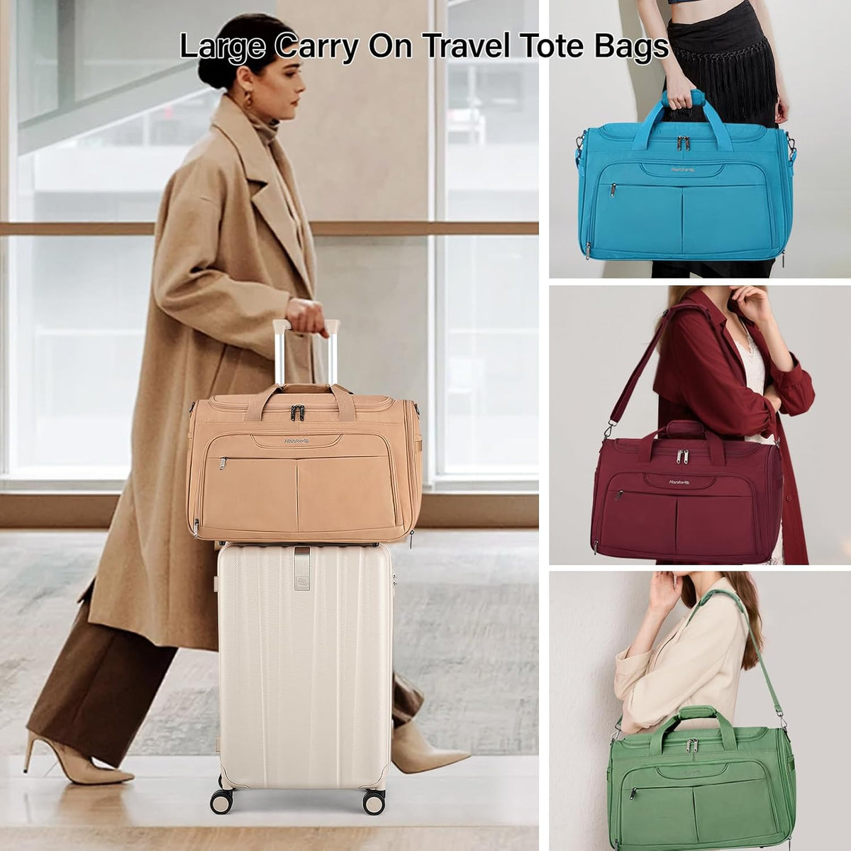 Hanke Carry On luggage Bags for Travel, Large Foldable Duffle Bag for Travel, Softside Lightweight Travel Bag Carry On Bags for Airplanes Women, Travel Tote Bags for Women Men.(Forest Green)