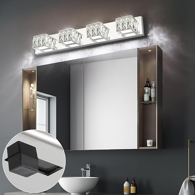 ZUZITO Modern Bathroom Light Fixtures - Crystal 4 Light Bathroom Vanity Light 5CCT Dimmable - LED Chrome Vanity Lighting Fixture