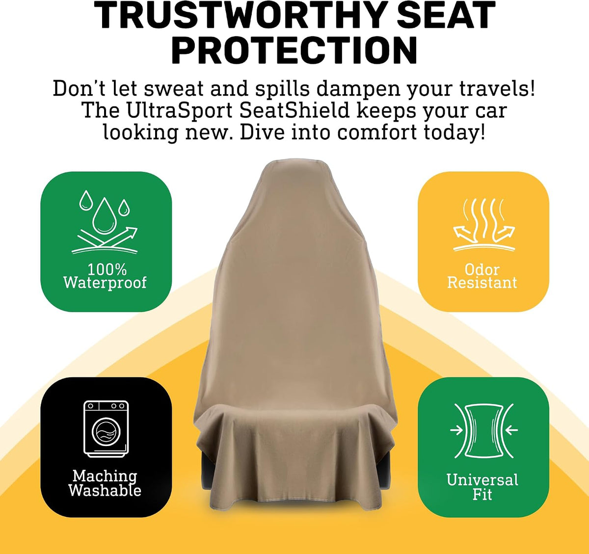 UltraSport Tan Front Seat Cover - Waterproof Car Seat Protector, Universal Fit, Washable, Soft Microfiber, Anti-Stink, Comfortable, Easy to Install