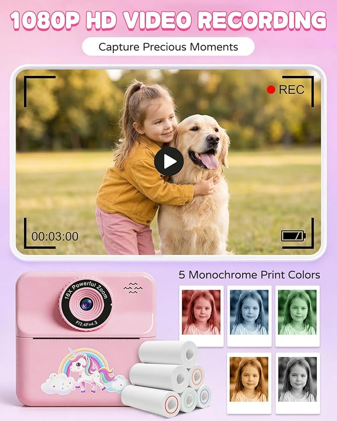 Kids Camera Instant Print with Carrying Case, Digital Selfie Camera with 6